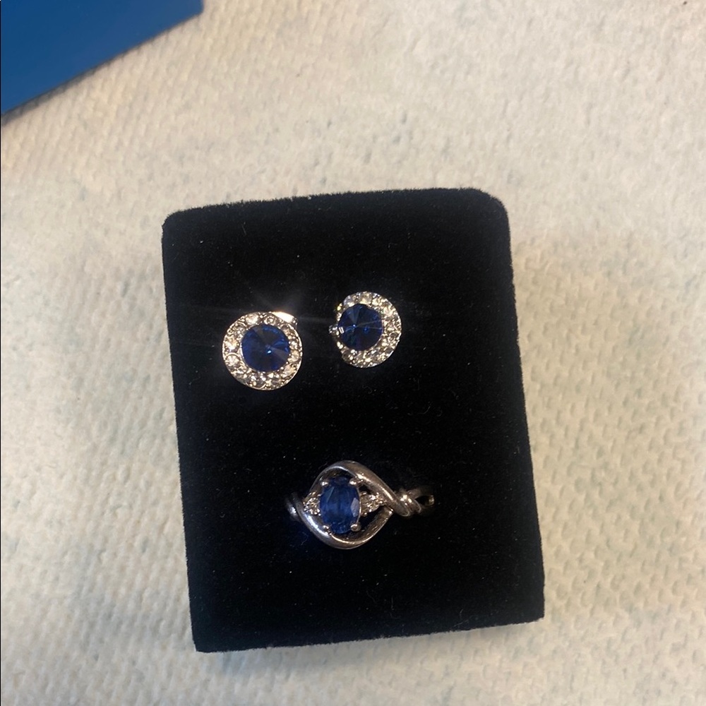 Sapphire  Blue with diamonds and 925 Silver Jewelry Earrings & Ring size 7!